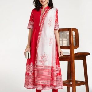BIBA Women Cotton Anarkali Printed Kurta Churidar Suit Set